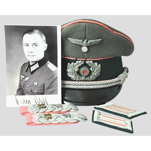 174 - Panzer Officers Peaked Cap & Insignia With Provenance. A very nice grouping reputedly from the s... 