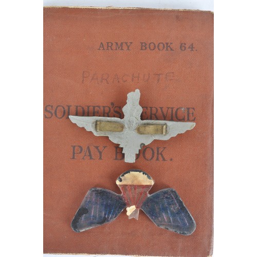 127 - D-Day 6/6/44 Parachute Regiment Grouping Of Paybook & Para Regiment Economy Cap Badge. A British... 