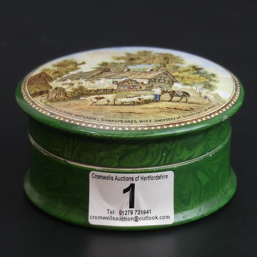 1 - Victorian Prattware pot lid and base in malachite 'The Residence of Anne Hathaway', 10.5cm dia.