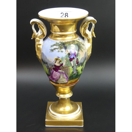 28 - Antique Paris hand painted porcelain pedestal swan handled vase, circa 1830. 25cm high.