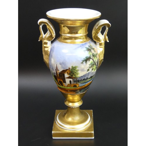 28 - Antique Paris hand painted porcelain pedestal swan handled vase, circa 1830. 25cm high.