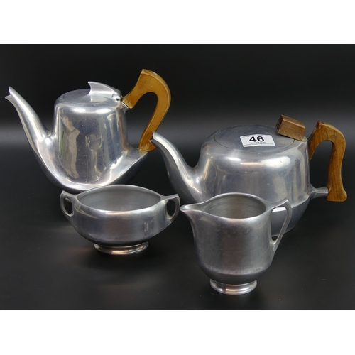 46 - Picquot ware aluminium retro teapot, coffee pot, sugar and cream jug. Teapot 14cm high.