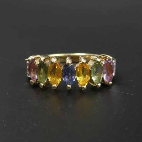 49 - 9ct gold multi-coloured gem and diamond set ring. 3.5 grams. Size N 1/2. Head 7.6mm.