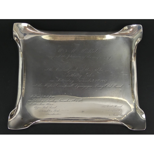 58 - 1947 silver plated tray Bah Mitzvah reverse writing invitation. 18cm x 15cm.