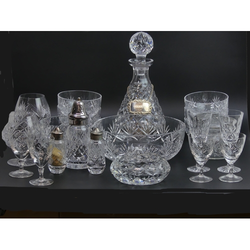 82 - Various glassware including a Waterford crystal decanter, sherry glasses and a silver decanter label... 