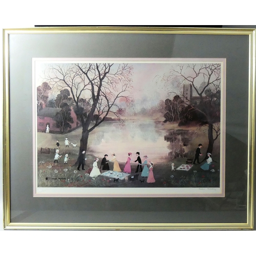 109 - Large Helen Bradley Lakeside scene signed print, with a blind stamp to the margin. 81cm x 65cm.