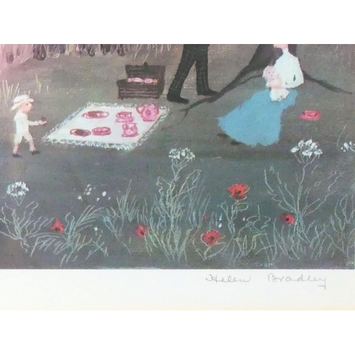 109 - Large Helen Bradley Lakeside scene signed print, with a blind stamp to the margin. 81cm x 65cm.