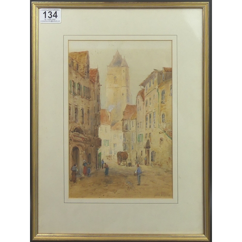 134 - Ivan Stappen continental street scene framed and glazed water colour. 41cm x 31.5 cm.