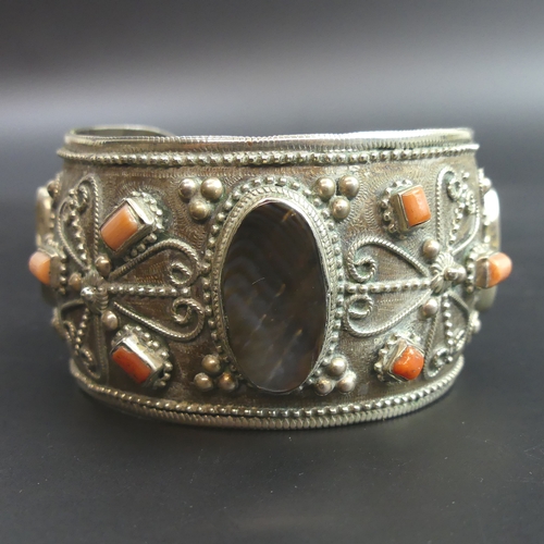 176 - Silver coral and abalone cuff bangle. 52 grams. 40mm wide.