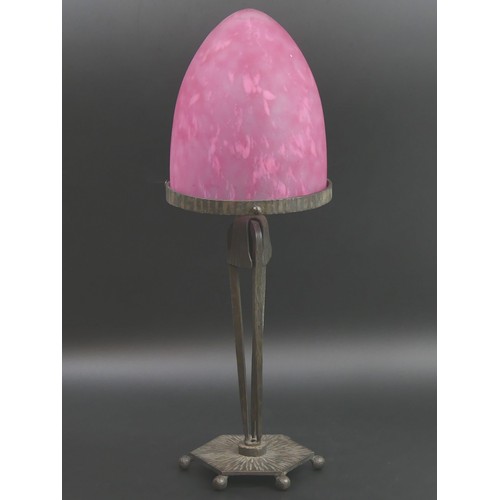 200 - Edgar Brandt style arts and crafts lamp with a Muller Freres type glass shade. 46cm high.