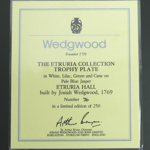 201 - Wedgwood Blue jasper ware framed Etruria Collection Trophy plate. Featuring four different colour sp... 