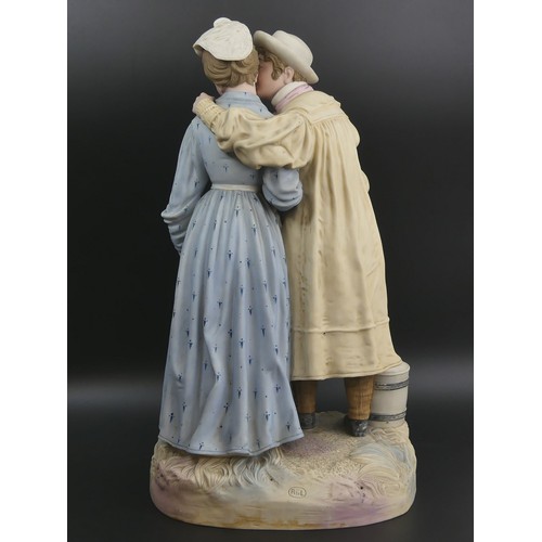 202 - Victorian Robinson & Leadbeater large tinted parian ware figure group 'Taking the Cream'. 48 cm tall... 