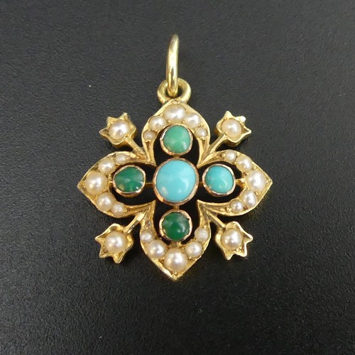 5 - Edwardian 15ct gold seed pearl and turquoise pendant. 2.1 grams 20mm in length excluding the ring. U... 