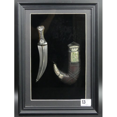 13 - 19th century Persian silver mounted dagger, framed and glazed. 40 x 29cm. UK Postage £20.