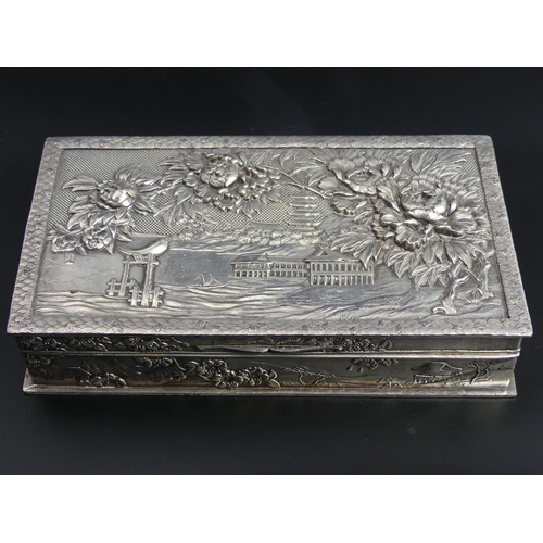 24 - Antique Chinese white metal (un-tested) cedar lined cigar or cigarette box. 19 x11 x 3.5cm. 938 gram... 