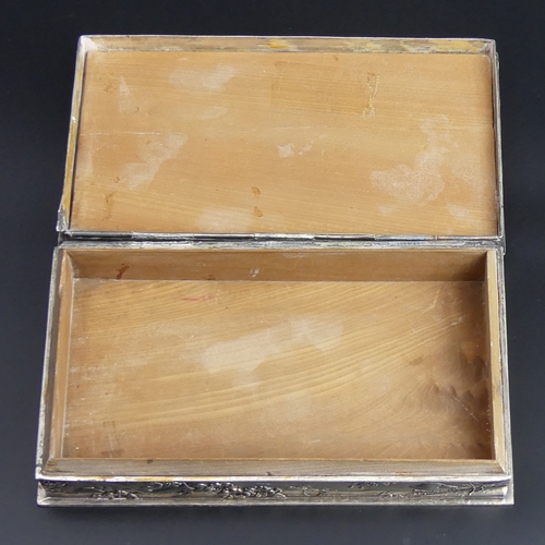 24 - Antique Chinese white metal (un-tested) cedar lined cigar or cigarette box. 19 x11 x 3.5cm. 938 gram... 