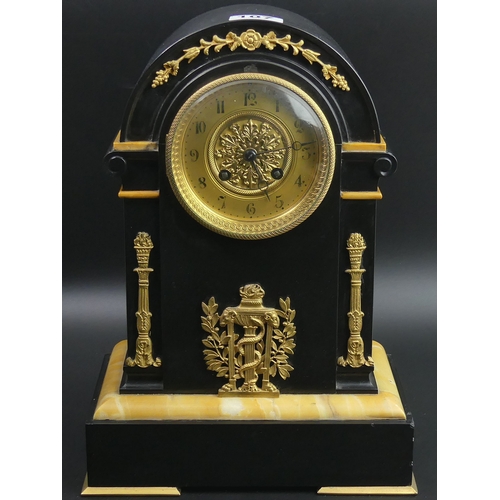 49 - Victorian marble and slate mantle clock with gilt metal embellishments and a French movement. 35cm h... 