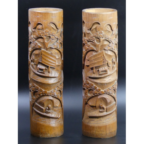 48 - A large pair of old Chinese carved bamboo brush pots. 36.5cm high.
UK Postage £30.