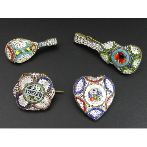 50 - Four vintage Italian glass micro-mosaic and gilt metal brooches. Guitar 45mm long.
UK Postage £12.