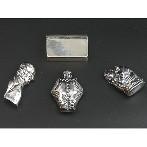 56 - 3 novelty silver plated vesta cases, viz. a Bulldog, a Pierrot and Gladstone along with a snuff box.... 