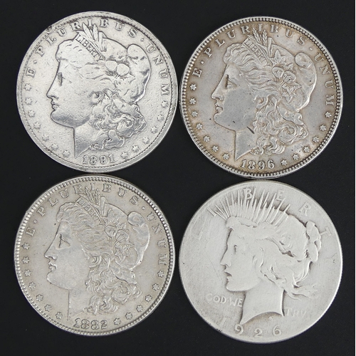 61 - Four American silver dollars, 1882, 1891, 1896 & 1926. 106 grams.
UK Postage £15.