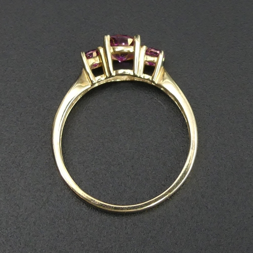 68 - 9ct gold three stone Rhodolite ring size N. Birmingham 2006. Top 5 mm wide. Band 2 mm wide.
UK Posta... 