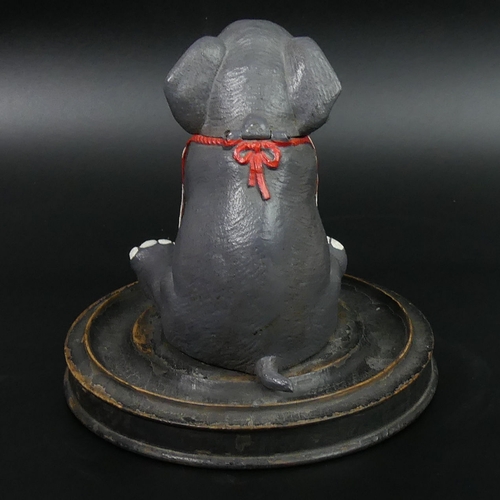 76 - Late Victorian painted spelter elephant form inkwell on an ebonised wooden base. 16.3 cm in diameter... 