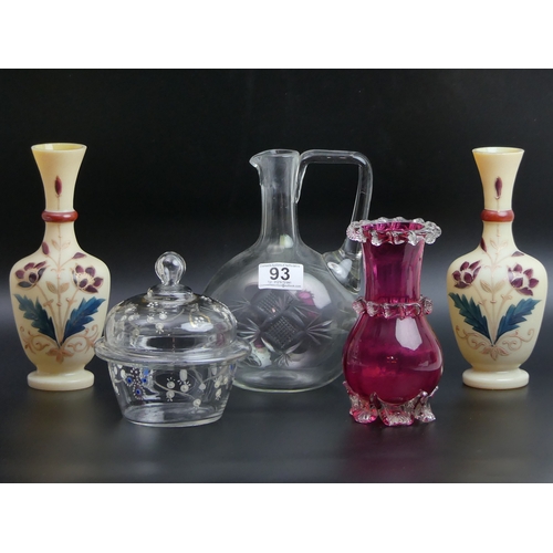 93 - Five items of Victorian glass ware including a pair of opaline enamelled glass vases. Tallest 20.5 c... 