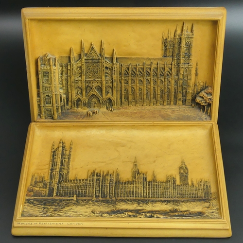 114 - Two Osborne 'Ivorex' wall plaques, The Houses of Parliament and Westminster Abbey. Each 28.5 cm x 18... 