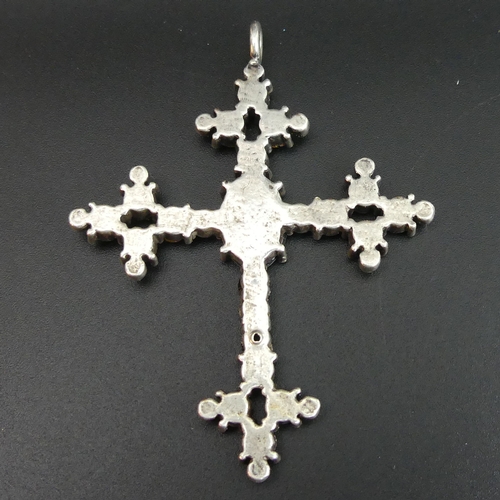 130 - Antique French Jet white metal (un-tested) cross pendant. 17.3 grams. 68 x 52 mm. UK Postage £12.