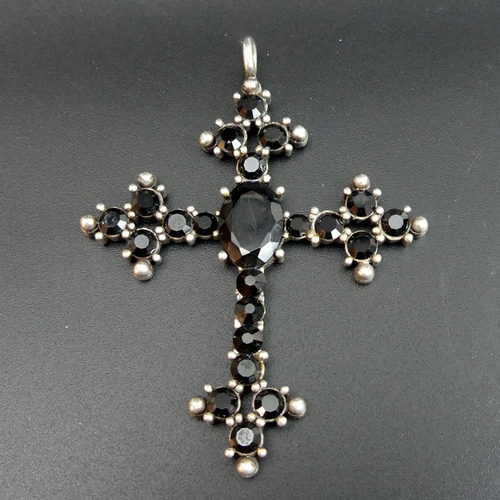 130 - Antique French Jet white metal (un-tested) cross pendant. 17.3 grams. 68 x 52 mm. UK Postage £12.