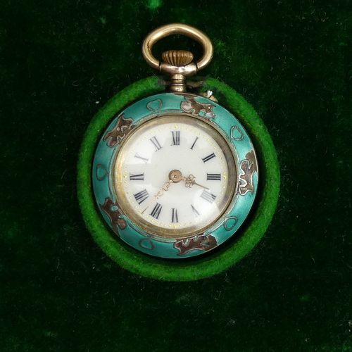 194 - Late 19th century silver and enamel Swiss pocket watch and original case. 28 mm diameter. UK Postage... 