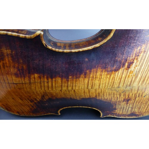 225 - A good old violin in playable un-touched condition, complete with hard case and bow. Length of back ... 