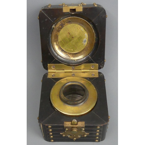 76 - Victorian travelling inkwell in the form of a Chinese hardwood box. 9cm high x 7.5 cm square. UK Pos... 