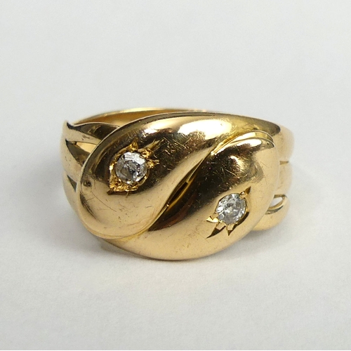 1 - 18 carat gold diamond set snake design ring, 7.3 grams. Size R, top 12.5 mm wide. UK Postage £12.