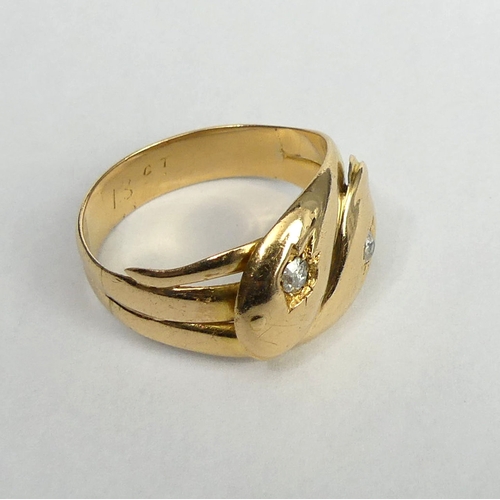1 - 18 carat gold diamond set snake design ring, 7.3 grams. Size R, top 12.5 mm wide. UK Postage £12.