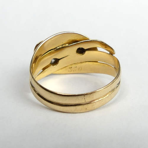 1 - 18 carat gold diamond set snake design ring, 7.3 grams. Size R, top 12.5 mm wide. UK Postage £12.