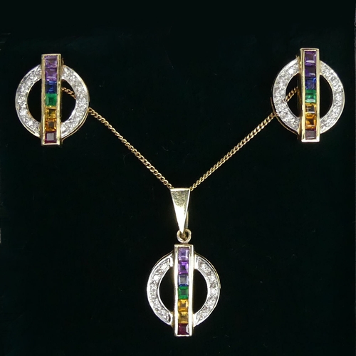 8 - 14 carat gold diamond and multi-coloured stone set pendant and chain, along with a matching pair of ... 