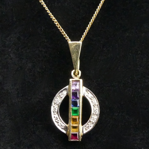 8 - 14 carat gold diamond and multi-coloured stone set pendant and chain, along with a matching pair of ... 