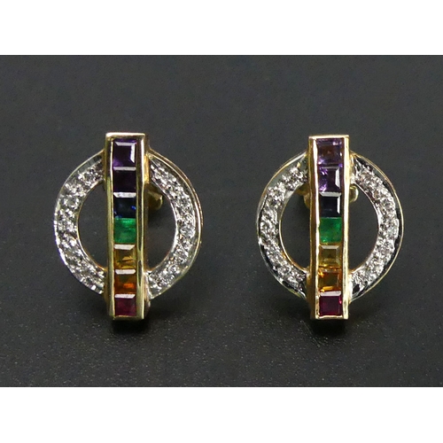 8 - 14 carat gold diamond and multi-coloured stone set pendant and chain, along with a matching pair of ... 