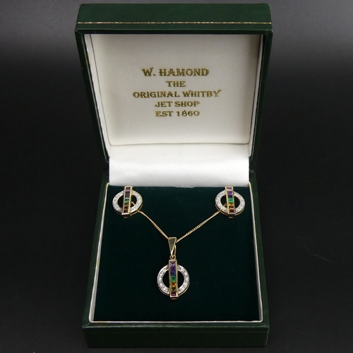 8 - 14 carat gold diamond and multi-coloured stone set pendant and chain, along with a matching pair of ... 