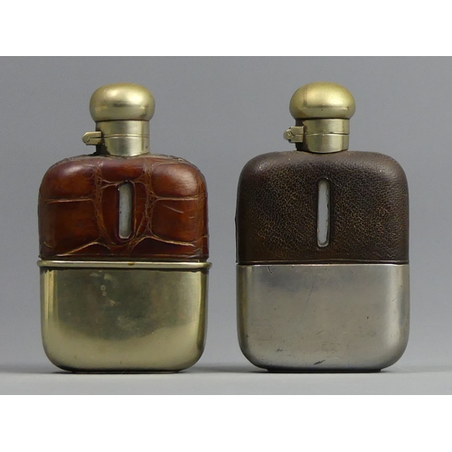 131 - Two Victorian glass, silver plate and leather hip flasks. 12 cm high. UK Postage £12.