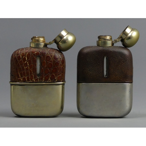 131 - Two Victorian glass, silver plate and leather hip flasks. 12 cm high. UK Postage £12.