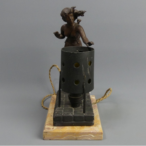 135 - Art Deco bronzed spelter figural lamp, signed Bouret on a marble base. 19 cm. UK Postage £15.