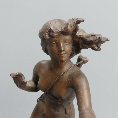 135 - Art Deco bronzed spelter figural lamp, signed Bouret on a marble base. 19 cm. UK Postage £15.