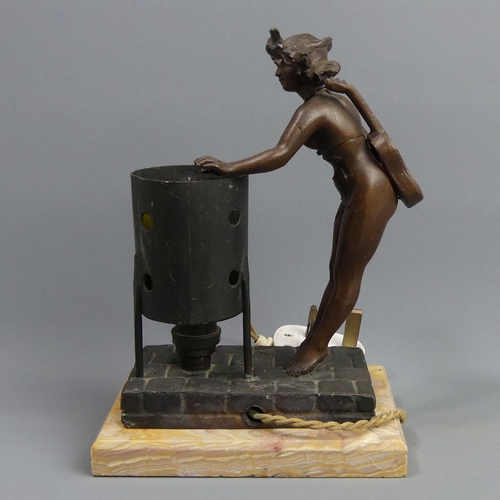 135 - Art Deco bronzed spelter figural lamp, signed Bouret on a marble base. 19 cm. UK Postage £15.
