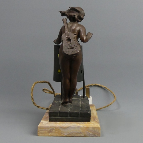 135 - Art Deco bronzed spelter figural lamp, signed Bouret on a marble base. 19 cm. UK Postage £15.