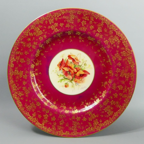 139 - Royal Worcester hand painted poppy design porcelain plate, signed E Barking?. 26.5 cm diameter. UK P... 