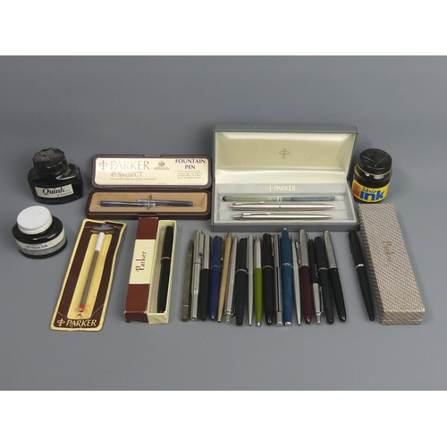 147 - Various vintage pens and ink pots, including a maroon Parker 51. UK Postage £15.