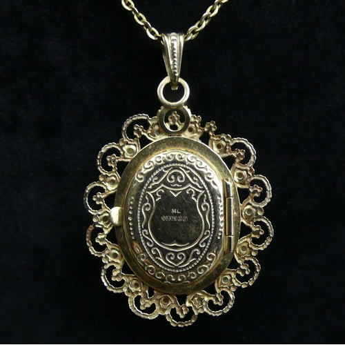 26 - 9ct gold Garnet and Seed Pearl locket pendant and chain, 9.4 grams. Chain 55 cm, locket 4.5 cm. UK P... 